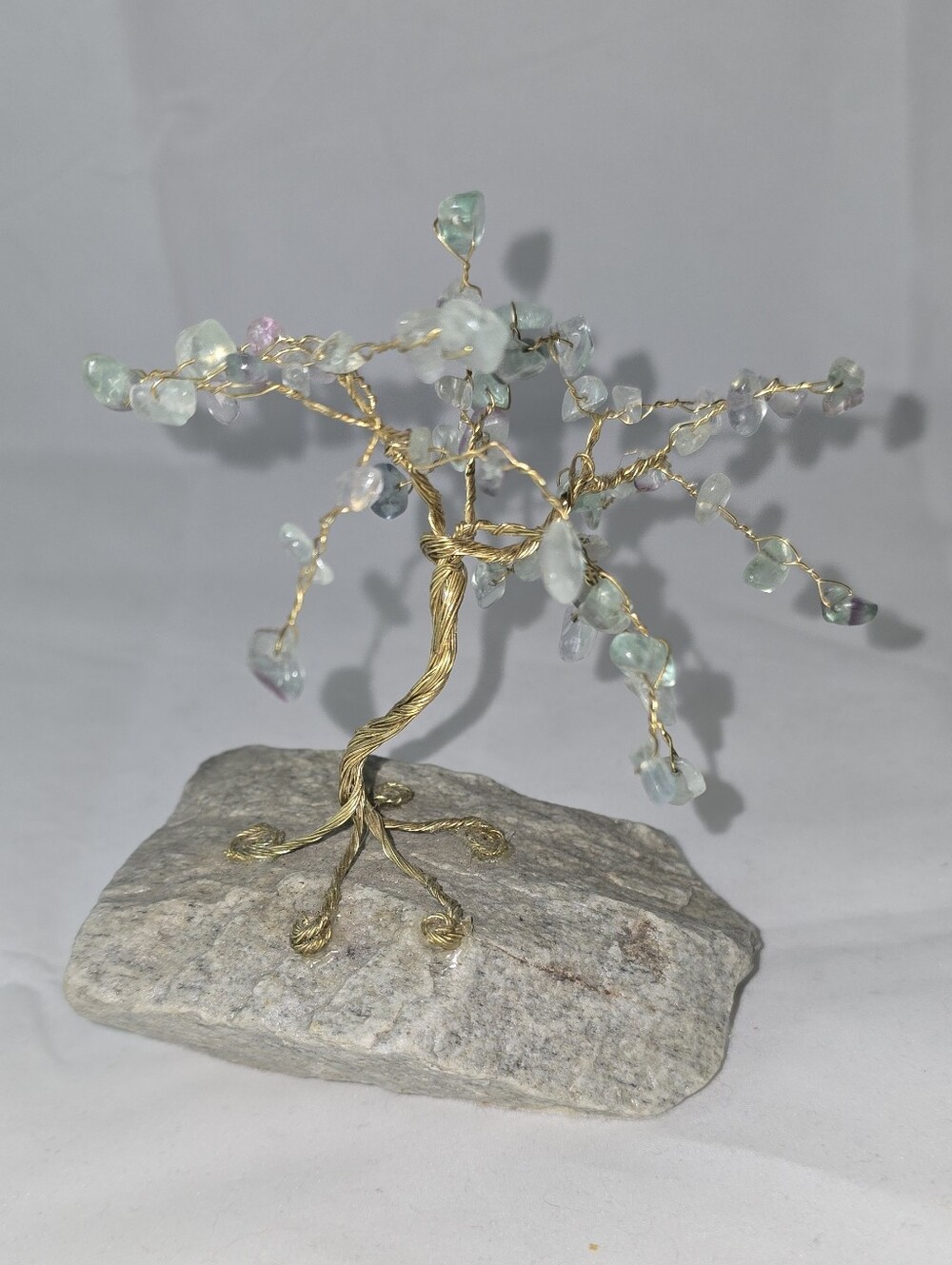 Gold Wire Tree Sculpture with Light Green Gemstone Leaves